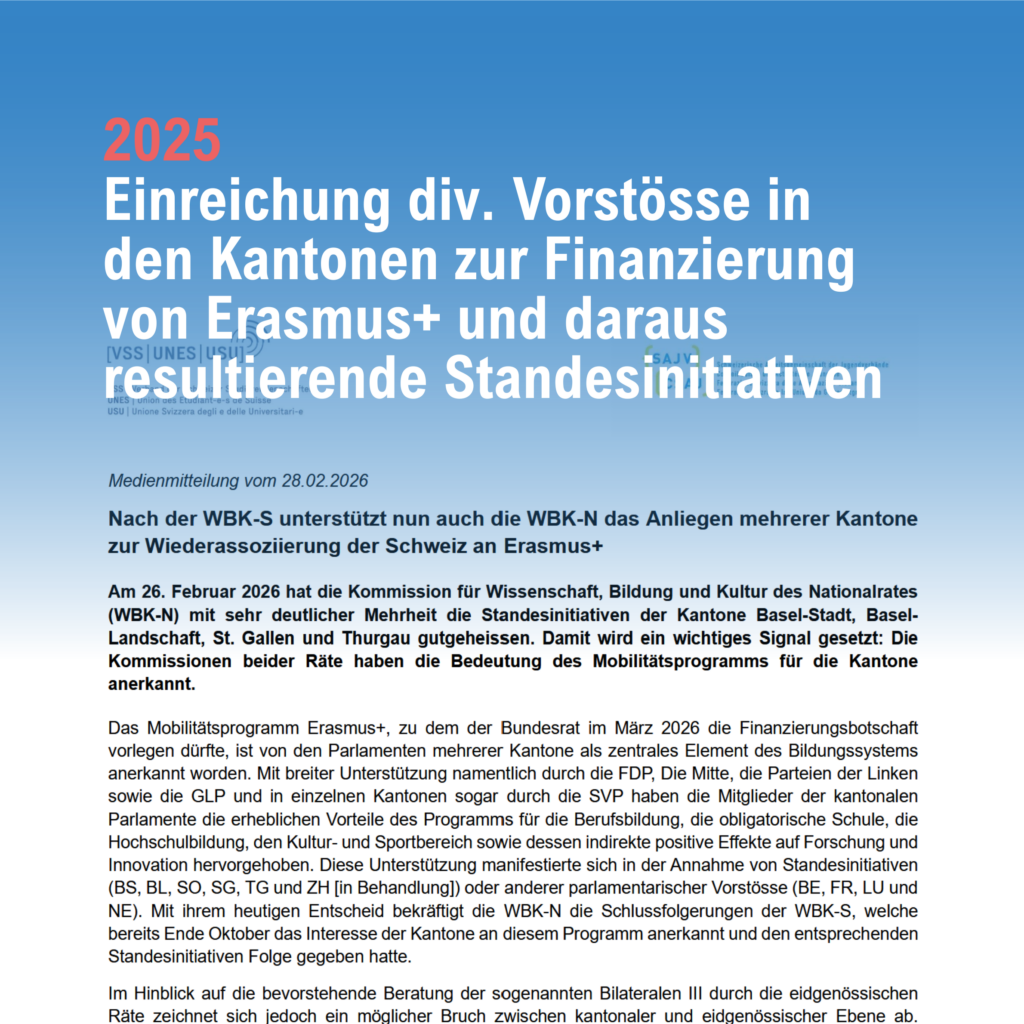2025: EinreichungdiverserVorstössein den Kantonenzur Finanzierungvon Erasmus+ und daraus resultierende Standesinitiativen